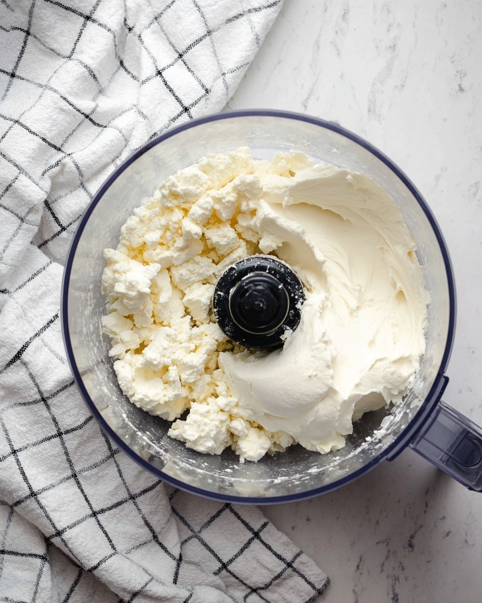 In a clear food processor bowl, there are two layers: the bottom layer is crumbly white cheese broken into uneven chunks, and the top layer is a smooth, thick white cream spread over part of the cheese. The food processor bowl sits on a white marbled surface with a white cloth with a black grid pattern folded nearby. Photo taken with an iphone --ar 4:5 --v 7