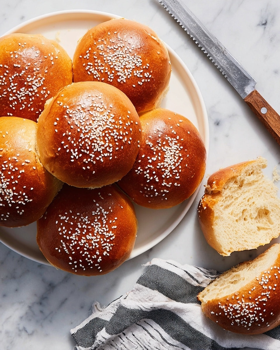 A white plate holds a pile of golden brown burger buns topped with white sesame seeds, showing a soft and shiny crust. One bun is sliced open on a white marbled surface next to the plate, revealing a light, fluffy, and airy inside texture. A serrated knife with a wooden handle lies nearby, and a folded black and white striped cloth is partially visible. The overall scene is bright and clean, with natural light emphasizing the warm tones of the buns. photo taken with an iphone --ar 4:5 --v 7