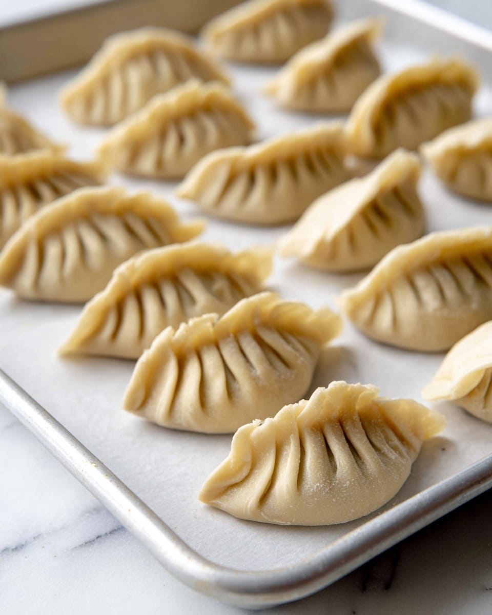 The image shows a close-up of several pale beige dumplings arranged in rows on a baking tray lined with white parchment paper. Each dumpling has a crescent shape with detailed, evenly spaced pleats along the curved edges, giving them a textured look. The dough looks soft and smooth, with slight variations in thickness around the pleated sections. The tray sits on a white marbled surface, and the background is softly blurred to keep the focus on the dumplings. photo taken with an iphone --ar 4:5 --v 7