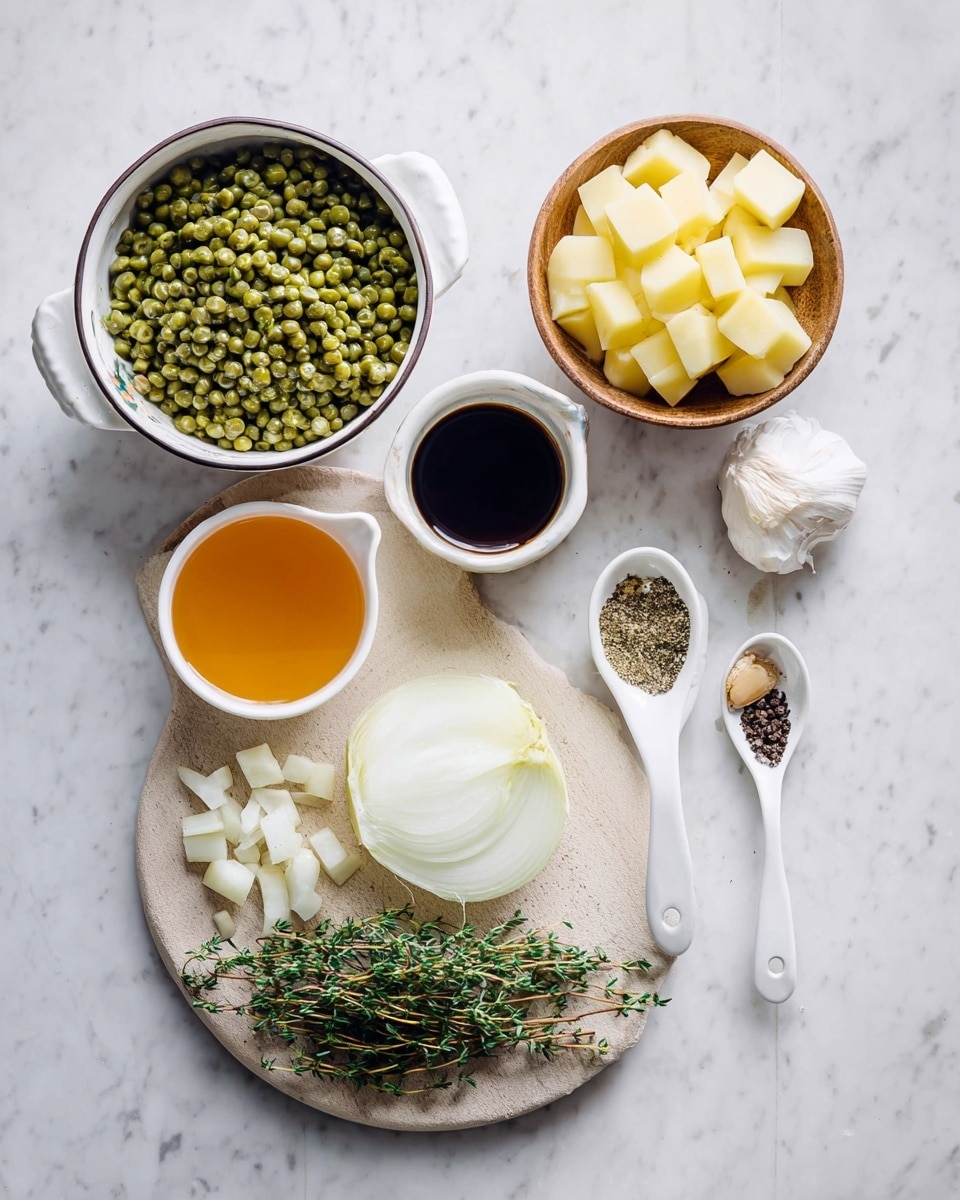 The image shows several ingredients arranged on a white marbled surface. There is a white bowl with a dark rim filled with green split peas on the left. Above it is a small wooden bowl with yellow potato cubes. To the right is a small white bowl with dark soy sauce. Below these bowls is a light beige round cutting board holding two sprigs of thyme, one whole white onion slice, diced onion pieces, and three garlic cloves. On the right side of the cutting board, three white spoons hold dried herbs, olive oil, and cracked black pepper. Below the cutting board are two containers, one with an orange liquid that looks like broth and the other filled with a white liquid that could be milk or cream. All items are neatly placed and well lit. photo taken with an iphone --ar 4:5 --v 7