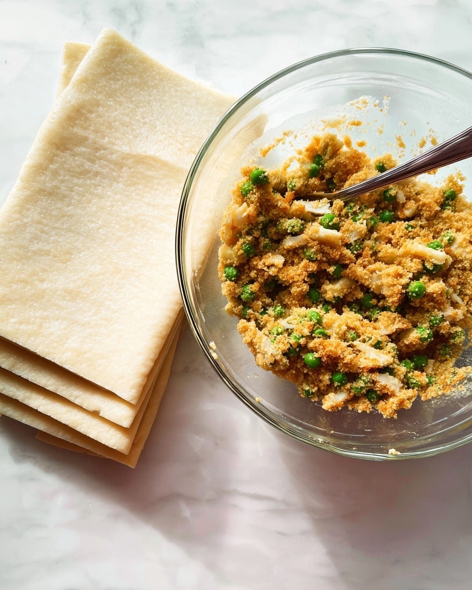 A clear glass bowl holds a chunky mixture with three main layers of texture: golden-brown crumbs, bright green peas, and bits of softened white pieces, all mixed together with an uneven, crumbly look. A metal spoon rests inside the bowl, ready to scoop. Below the bowl are several square sheets of pale, slightly translucent dough stacked together, laid on a white marbled surface that shines softly. The whole scene shows a fresh, rustic mix paired with smooth dough sheets. photo taken with an iphone --ar 4:5 --v 7
