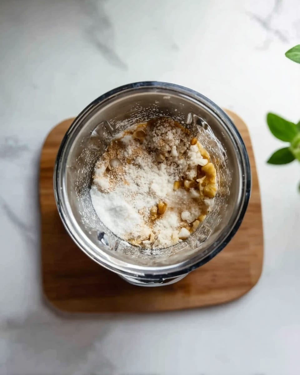 The image shows a top view of a silver blender jar placed on a small wooden board over a white marbled surface. Inside the jar, there are multiple layers of ingredients: the bottom layer is light brown with some yellow pieces, likely nuts or corn; above it is a thick white powdery layer, possibly sugar or flour; and some sticky white texture that looks like a creamy liquid or mashed ingredient surrounding the layers. The jar's shiny metal surface reflects light, and a small part of a green leafy plant is visible at the top right corner of the image. Photo taken with an iphone --ar 4:5 --v 7