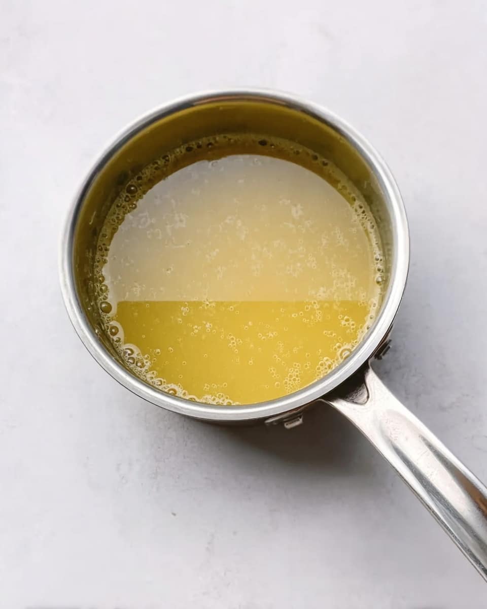 The image shows a small metal saucepan placed on a white marbled surface. Inside the saucepan, there is a thin layer of clear golden-yellow liquid with small bubbles scattered on the top, giving it a slightly shiny texture. The saucepan has a smooth and reflective surface, and its long handle extends diagonally to the right. There are no additional items or garnishes inside or around the saucepan. Photo taken with an iphone --ar 4:5 --v 7