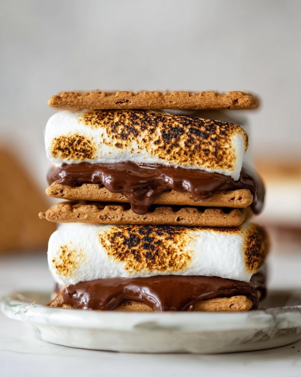 The image shows a close-up of two stacked s'mores made of three layers of brown biscuits with ridged edges, two layers of grilled marshmallows with golden-brown toasted spots, and thick melted chocolate between each biscuit and marshmallow layer. The s'mores sit on a plate with a white marbled texture, and the background is softly blurred with a light, neutral tone. The focus is mainly on the gooey chocolate melting over the toasted marshmallows and the biscuit’s texture, creating a rich and warm look. photo taken with an iphone --ar 4:5 --v 7