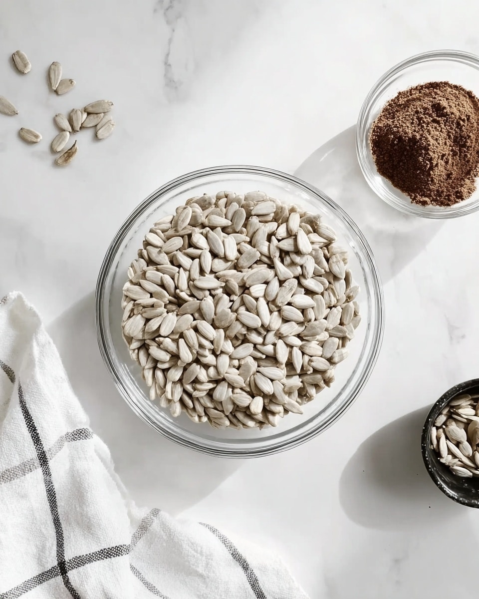 A clear glass bowl filled with many pale sunflower seeds sits in the middle of a white marbled surface. To the top right, there is a smaller clear glass bowl containing brown powder. To the far left, a tiny black bowl holds a few sunflower seeds with their shells. A white cloth with thin black stripes lies near the bottom left side of the frame. The overall scene is bright and clean with a simple, fresh look. Photo taken with an iphone --ar 4:5 --v 7