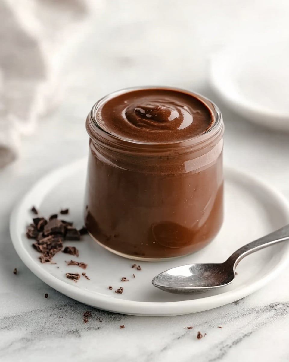 A small clear glass jar filled with smooth, rich chocolate pudding with a shiny top and a slight swirl in the center. The jar sits on a white plate with a few small chocolate shavings scattered around. Next to the jar, a shiny metal spoon rests on the plate. The background and surface are white marbled texture, softly blurred to keep focus on the jar. Photo taken with an iphone --ar 4:5 --v 7