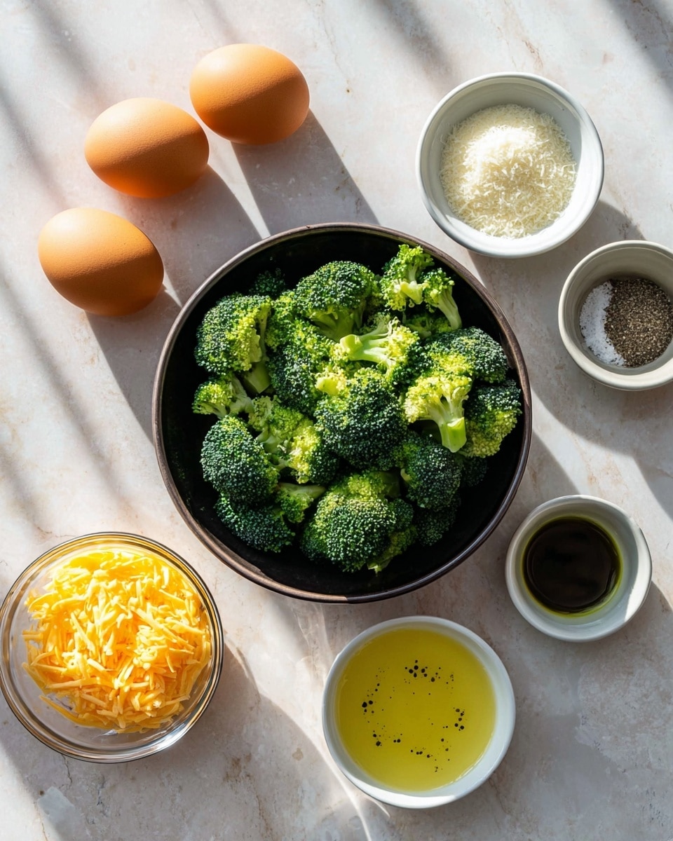 A dark round bowl filled with bright green broccoli florets sits in the center on a white marbled surface. Surrounding it are four brown eggs on the left, a small clear glass bowl of shredded orange cheese below the eggs, and a small round bowl with dark olive oil next to the cheese. Above the broccoli bowl are two small white bowls; one holds grated white cheese, and the other has white salt and black pepper. To the right, there is a small white bowl with a yellow liquid that shows bubbles on its surface. The natural light casts soft shadows across the scene. photo taken with an iphone --ar 4:5 --v 7