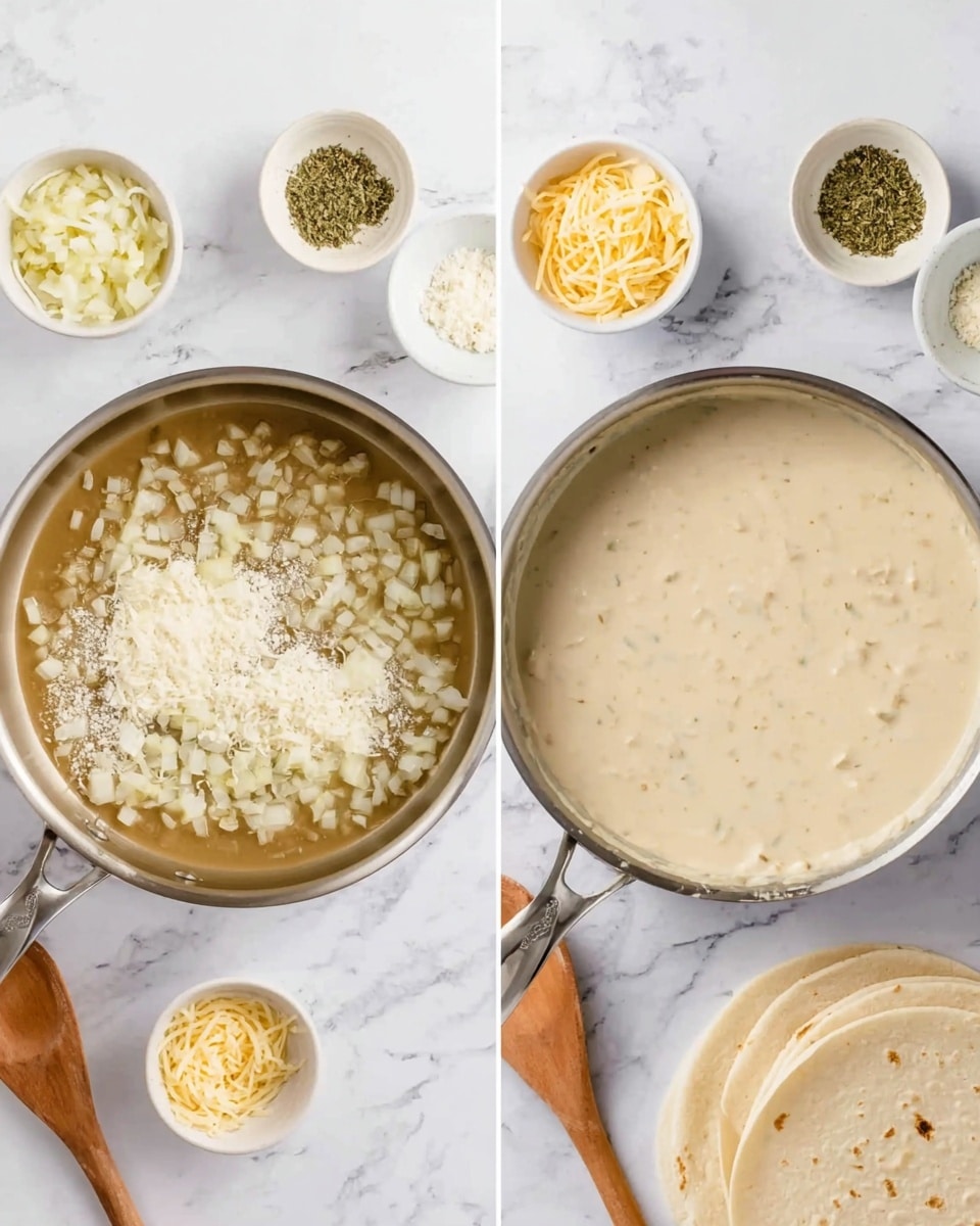 The image shows two side-by-side views of cooking in progress on a white marbled surface. On the left, a silver pan holds diced light yellow onions and white flour combined on one side above a brown cooking base. Surrounding the pan are small white bowls with green herbs, shredded yellow cheese, and a wooden spoon lying nearby. On the right, the same silver pan now contains a smooth, creamy light beige sauce mixed with visible onion pieces. Next to it are three soft white tortillas stacked neatly and a bowl of shredded cheese hovering above. A woman's hand is not visible in this image. Photo taken with an iphone --ar 4:5 --v 7