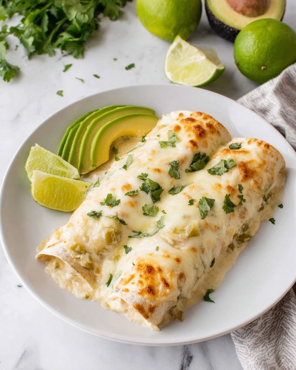 Two rolled enchiladas covered with melted white and light golden cheese sit side by side on a white plate. The enchiladas have a creamy sauce with bits of green peppers visible, coating the bottom and sides. Small green cilantro leaves are scattered on top of the cheese. On the left side of the plate are two bright green avocado slices, and on the right are four thin lime slices. In the background, two halved limes and some fresh cilantro leaves rest on a white marbled surface. A woman's hand is not visible in this image. photo taken with an iphone --ar 4:5 --v 7