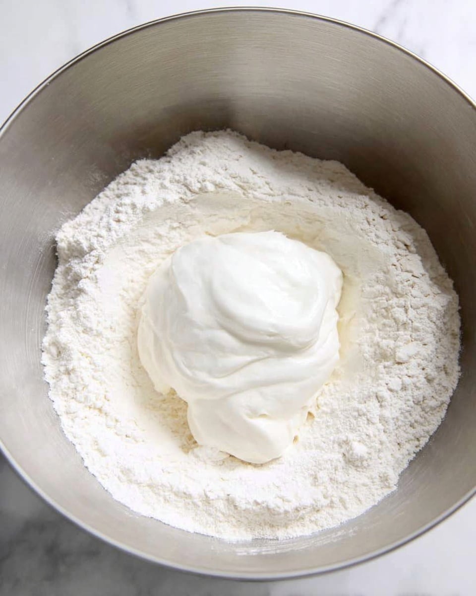 Inside a large silver mixing bowl, there is one bottom layer of white flour with a soft, powdery texture, slightly piled towards the edges of the bowl. On top of this flour layer sits a dollop of thick, smooth white yogurt with a creamy texture, occupying the center of the bowl. The bowl is set on a white marbled surface, giving a clean and bright background to the scene. photo taken with an iphone --ar 4:5 --v 7