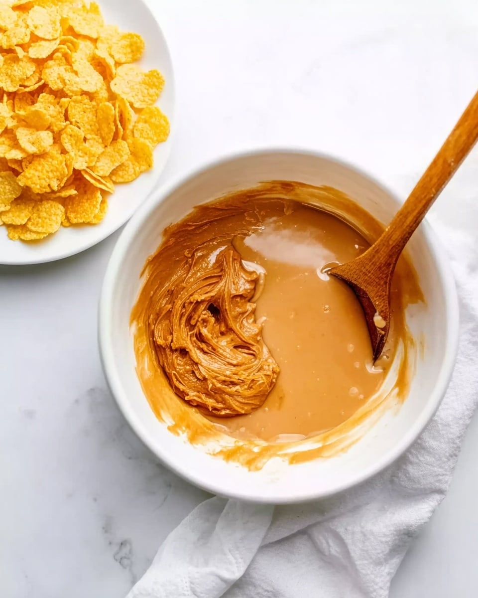 A white bowl filled with a smooth peanut butter and honey mix, showing two main layers: a darker, thick peanut butter dollop on one side and a lighter, glossy honey pour blending into it. A wooden spoon rests inside the bowl, partially covered with the mixture. To the left side of the bowl, there is a white plate holding golden yellow cornflakes. The surface is white marble and a white cloth napkin is partially visible under the bowl. Photo taken with an iphone --ar 4:5 --v 7