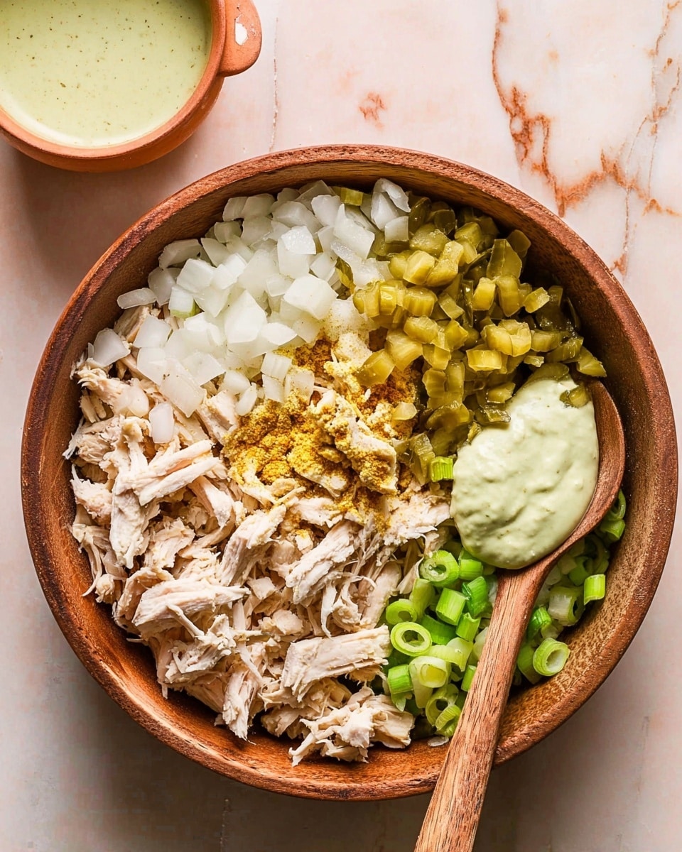 A large brown bowl filled with shredded light beige chicken on the bottom layer, topped with diced pale green pickles on the upper left, yellowish spices sprinkled on top, a pile of finely chopped white onions on the left, sliced green spring onions on the lower right, and a dollop of pale green creamy sauce placed near the bottom center. A wooden spoon with a light brown handle rests on the right side of the bowl. The bowl sits on a white marbled surface, with a small terracotta bowl of light green sauce visible in the upper left corner. Photo taken with an iphone --ar 4:5 --v 7