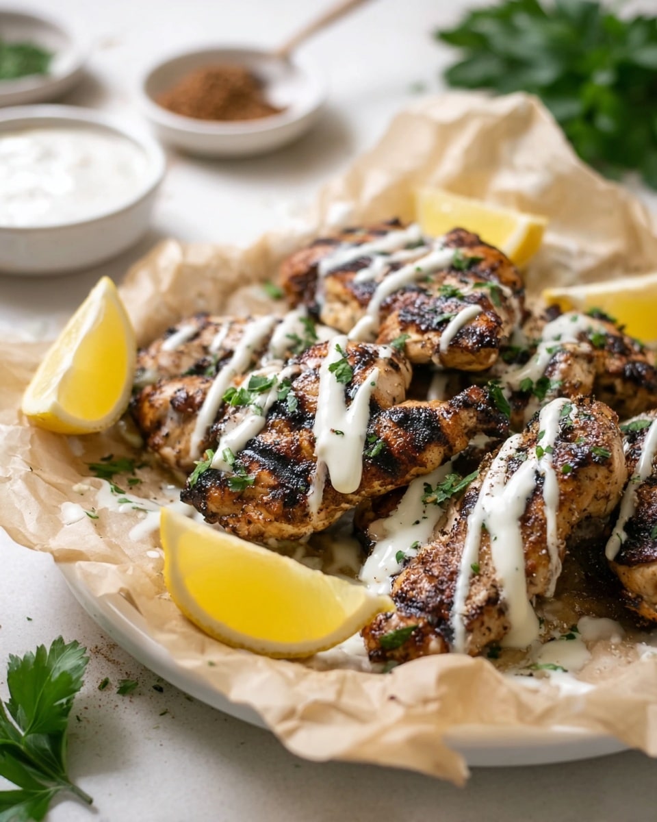 The image shows a white round plate layered with crumpled beige parchment paper, holding several grilled chicken pieces with dark grill marks and sprinkled chopped green herbs. The chicken is drizzled with white creamy sauce in zig-zag lines. There are three yellow lemon wedges placed near the chicken on the paper, with some green parsley leaves scattered on top. In the blurred background, there are two small white bowls, one with a brown spice mix and the other with a white sauce. The whole scene is set on a white marbled surface. photo taken with an iphone --ar 4:5 --v 7