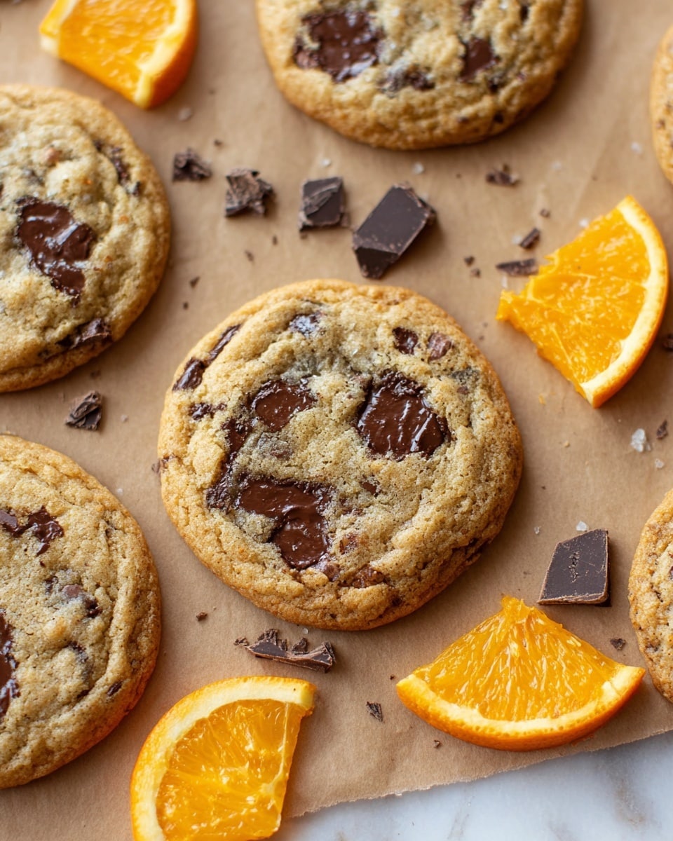 Several round cookies are placed on brown parchment paper over a white marbled surface. Each cookie has a golden-brown color with darker, melted chocolate chunks embedded in the dough, creating a slightly uneven texture on top. Scattered around the cookies are small pieces of dark chocolate and bright orange wedges, adding a pop of color with their juicy, textured flesh and rind. The scene looks warm and inviting, with soft natural light enhancing the details of the cookies and orange slices. photo taken with an iphone --ar 4:5 --v 7