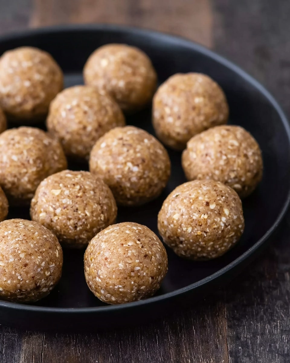 The image shows a close-up view of small round balls arranged neatly on a black plate. Each ball is light brown with a smooth, slightly textured surface, showing tiny bits of oats or seeds. The balls are closely spaced, and the plate sits on a dark wooden surface, though in the description it should be imagined as a white marbled texture. The overall look is simple and natural, with no extra decoration or layers visible. photo taken with an iphone --ar 4:5 --v 7