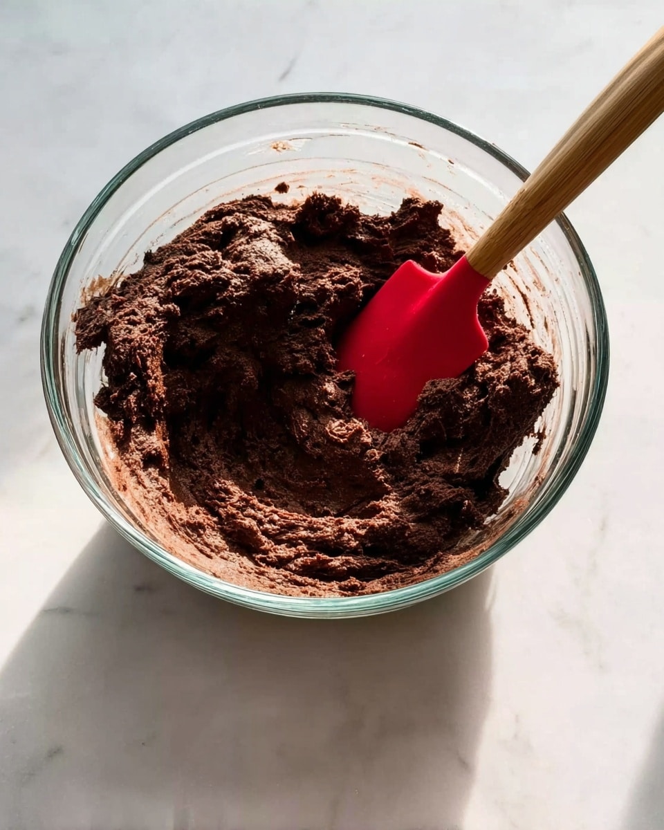 In a clear glass mixing bowl filled with thick, dark brown dough that has a rough texture, a red spatula with a wooden handle is partially buried in the dough, as if just used for stirring, the bowl is placed on a white marbled surface, with the light creating soft shadows. photo taken with an iphone --ar 4:5 --v 7