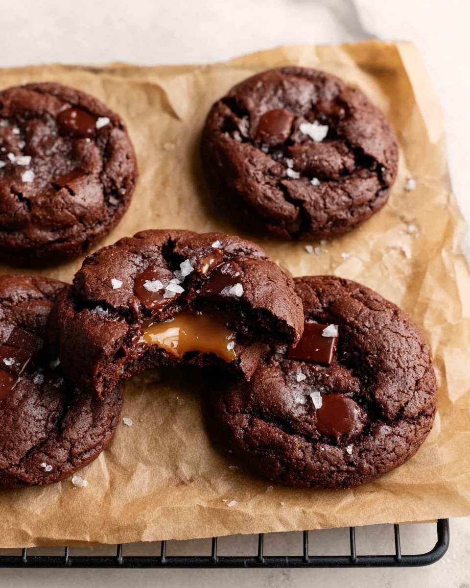 The image shows four dark chocolate cookies with a soft texture on top of brown parchment paper, which rests on a black cooling rack. One cookie is broken into two pieces, revealing a rich, melty caramel center with bits of chocolate and a few scattered flakes of sea salt on top. The cookie surface looks slightly shiny with a few cracks and rough edges. The background is a white marbled surface. Photo taken with an iphone --ar 4:5 --v 7