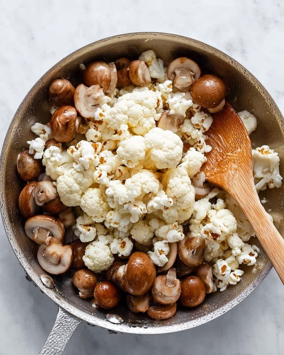 The image shows a silver pan on a white marbled surface filled with a layer of whole brown mushrooms at the bottom, covered by a thick, uneven layer of white popcorn on top. A wooden spoon with a light brown handle is resting inside the pan, partly resting on the popcorn and mushrooms. The mushrooms have a slightly shiny texture, while the popcorn looks soft and fluffy. Photo taken with an iphone --ar 4:5 --v 7