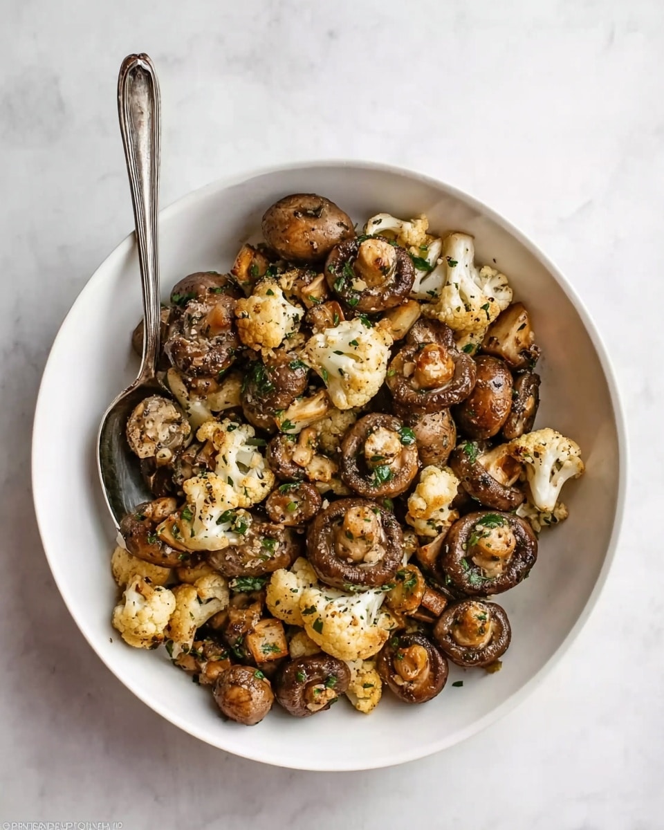 A white bowl filled with cooked whole brown mushrooms and small white cauliflower pieces mixed together, sprinkled with green herbs and black pepper. A silver spoon rests inside the bowl on the left side. The bowl sits on a white marbled surface. Photo taken with an iphone --ar 4:5 --v 7