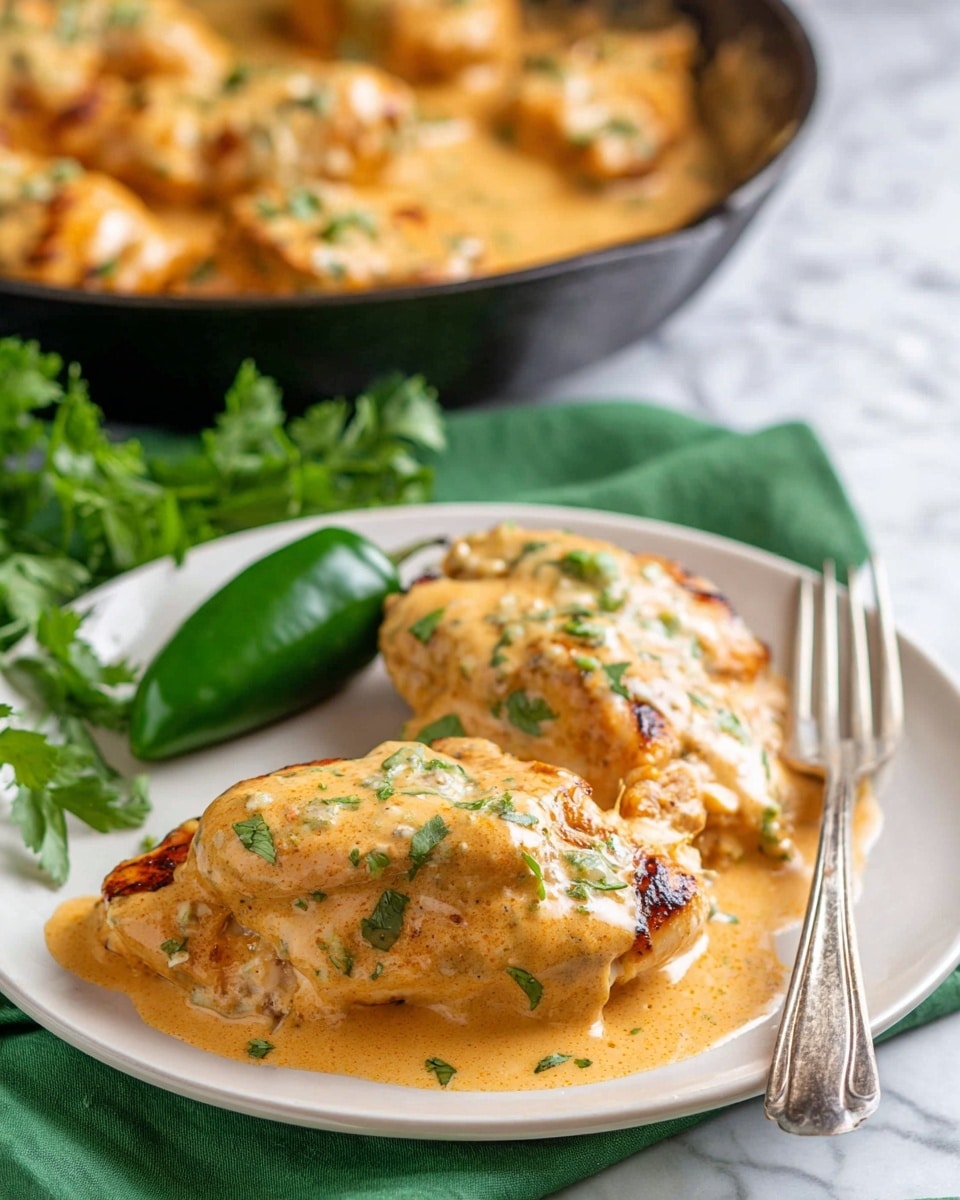 The image shows two pieces of cooked chicken on a white plate, covered with a creamy light orange sauce with small bits of herbs. The chicken is light brown with some grilled marks visible under the sauce. Next to the chicken on the plate is a whole green jalapeño pepper and a small bunch of fresh green parsley leaves. The plate is placed on a green cloth, with a silver fork to the right. In the background, slightly out of focus, there is a black pan with several pieces of chicken covered in the same orange sauce. The surface beneath everything is white marble. Photo taken with an iphone --ar 4:5 --v 7