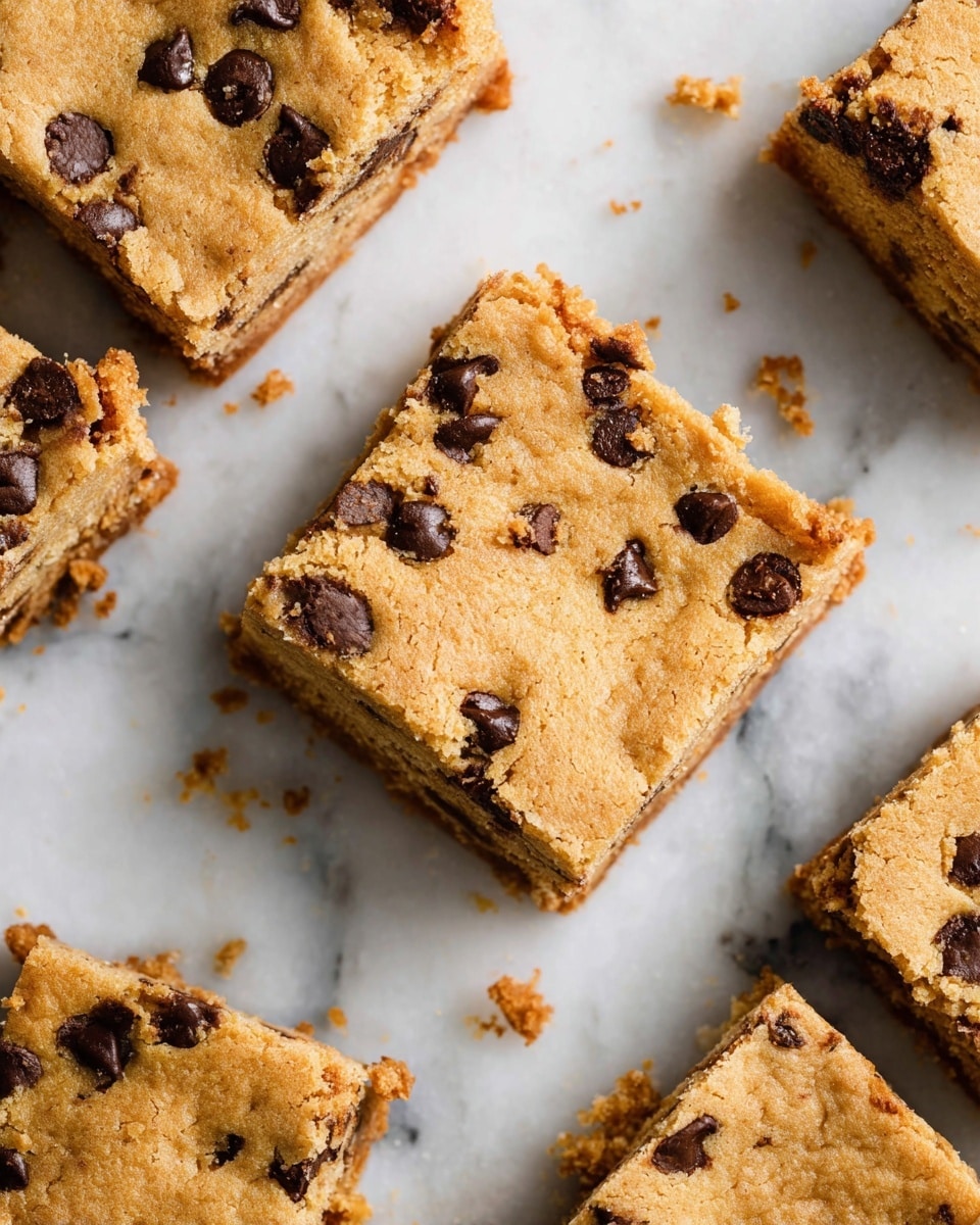 The image shows several square pieces of a thick, golden-brown baked dessert with visible soft texture and slightly crumbly edges. Each piece has a light brown top layer with embedded dark chocolate chips scattered unevenly throughout. The edges are a little rough and crumbly, adding a sense of softness to the dish. The pieces are arranged on a white marbled surface, with small crumbs scattered around, highlighting the moist texture inside the squares. photo taken with an iphone --ar 4:5 --v 7