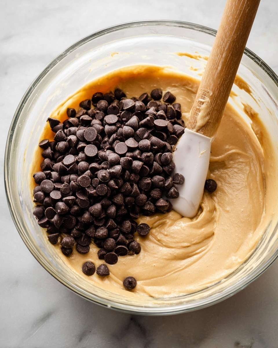 A clear glass bowl holds a smooth, light brown batter filling most of the bowl, with a large pile of dark chocolate chips sitting on top mostly in the center, scattered slightly on the batter nearby. A spatula with a wooden handle and a white silicone tip is partially submerged on the right side of the batter, pressing softly into the mixture. The bowl is set on a white marbled surface under soft natural light. photo taken with an iphone --ar 4:5 --v 7