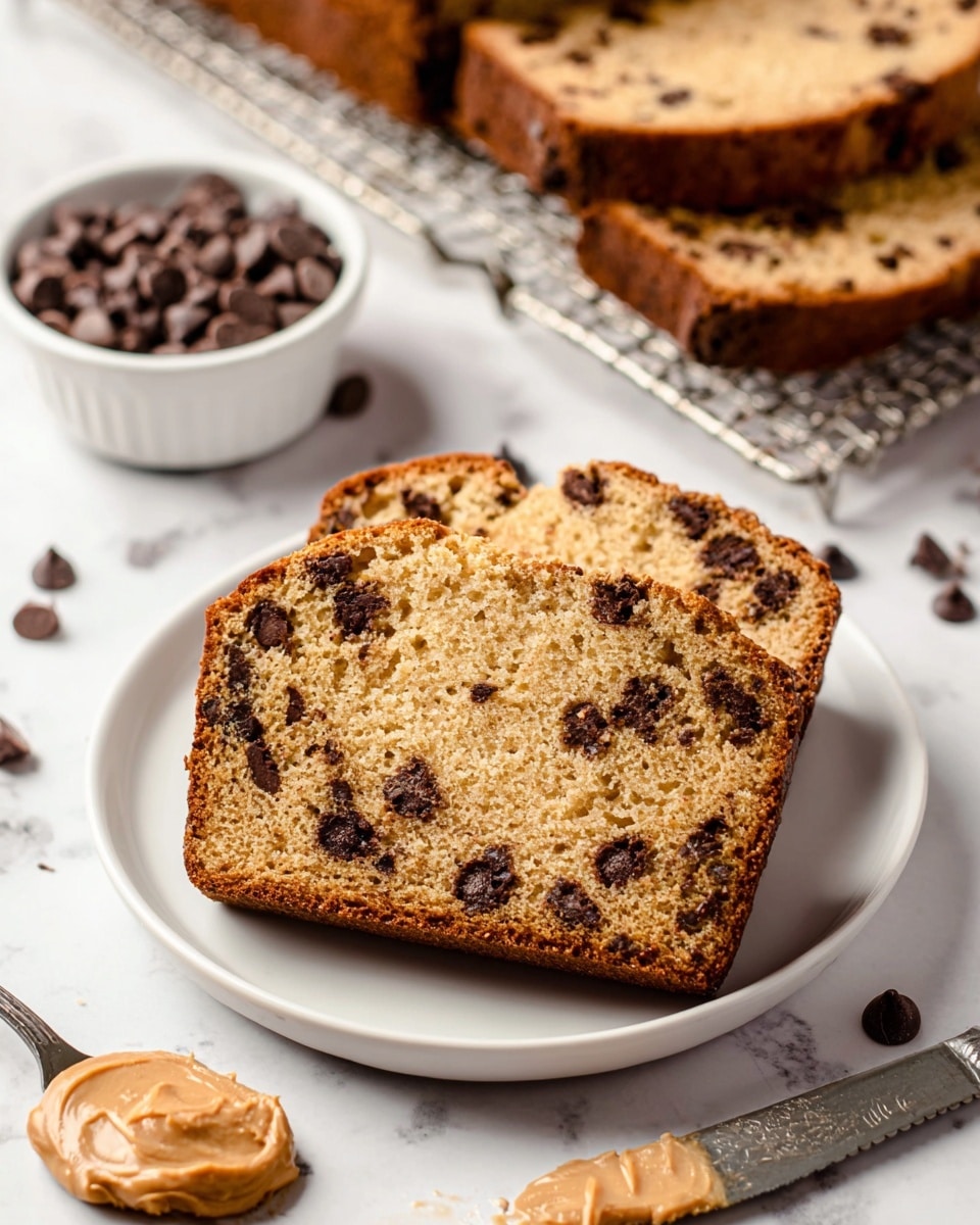 A thick slice of light brown chocolate chip loaf sits centered on a white plate, showing a moist and soft texture with small, scattered dark chocolate chips throughout. Behind the plate, there are two more slices of the same loaf on a silver cooling rack, with the loaf having a darker crust around the edges. To the back left, a small white bowl filled with milk chocolate chips is visible. The foreground features a silver knife with a dollop of creamy brown peanut butter near the plate. The surface underneath is a smooth white marbled texture with scattered chocolate chips, creating a clean and simple background. photo taken with an iphone --ar 4:5 --v 7