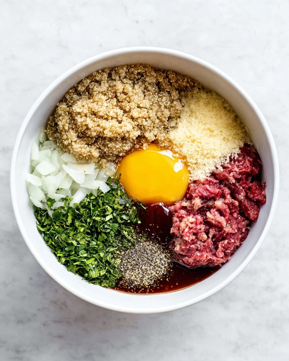 A white bowl sits on a white marbled surface filled with seven distinct layers arranged in sections without mixing. At the top center is a light brown, grainy layer with a fluffy texture, likely quinoa. To the right of the grains is a bright yellow egg yolk sitting atop a pale, translucent area. Below that is a fresh, finely chopped green herb. Next to the herbs is a combination of black pepper and salt resting on raw red ground meat at the bottom. Above the meat is a dark reddish-brown sauce with a smooth, glossy texture. On the left side, there are two light-colored layers: one is finely chopped white onion, and above it is a layer of crushed or grated pale yellow ingredient. Photo taken with an iphone --ar 4:5 --v 7