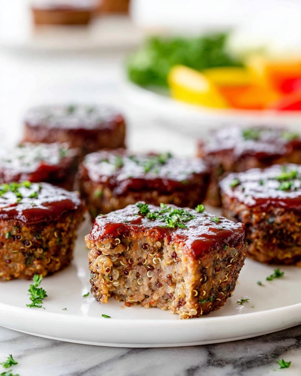 The image shows a white plate with six mini meatloaves, each with two layers: the bottom layer is a textured brown meat mixture with bits of quinoa visible, and the top layer is a smooth glossy dark reddish-brown sauce spread evenly. The front meatloaf has a bite taken out, revealing the inside texture. Each mini meatloaf is sprinkled with small green herb pieces. The plate is placed on a white marbled surface with some scattered herbs around. In the blurred background, there are colors of red, orange, yellow, and green suggesting chopped vegetables. Photo taken with an iphone --ar 4:5 --v 7