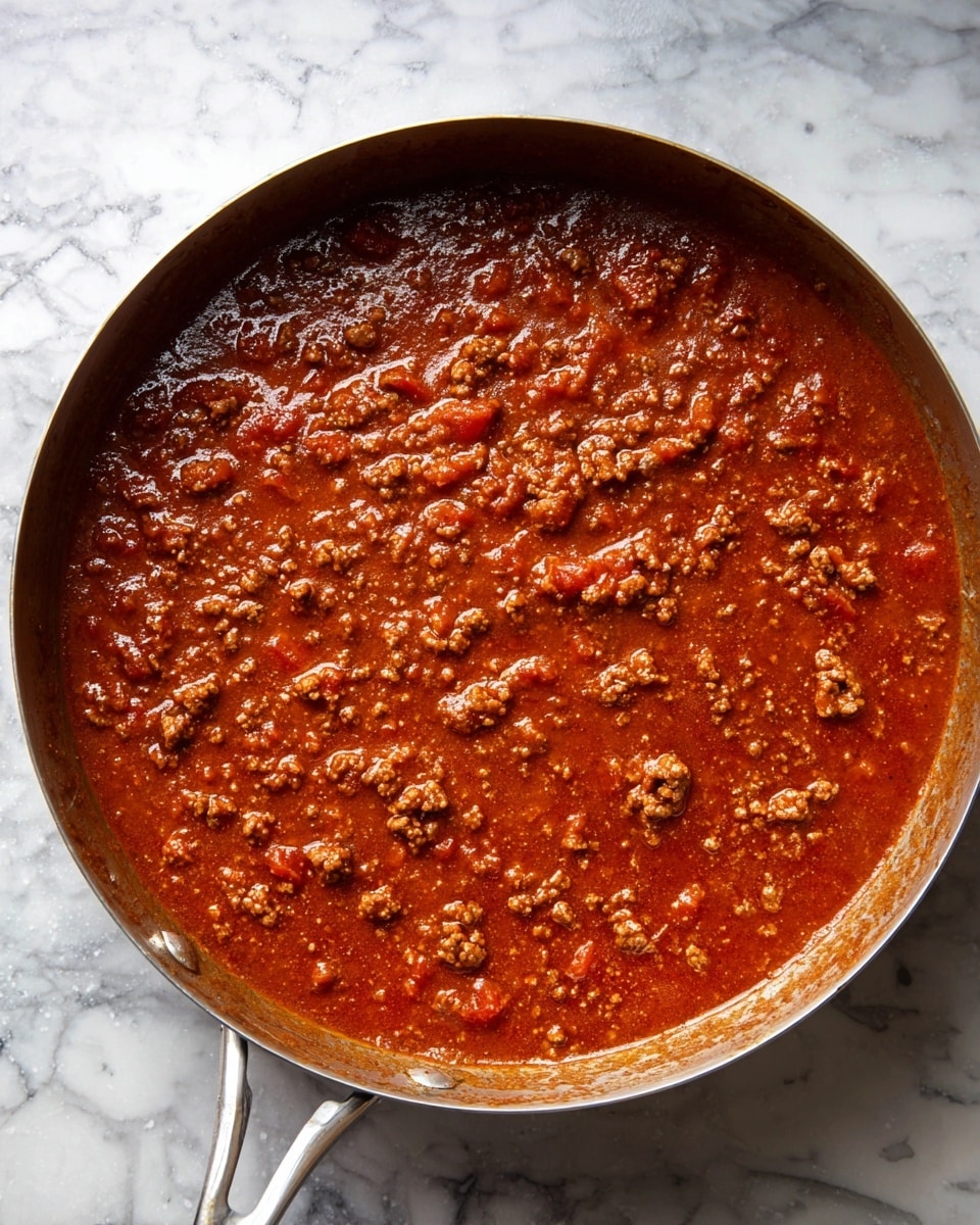 A large metal pan filled with a rich, thick reddish-brown meat sauce with visible small chunks of cooked ground meat and bits of tomato, showing a slightly oily texture on top, sitting on a white marbled surface. The sauce fills almost the entire pan, which has two handles visible, one at the top left and one at the bottom right. The pan shows some sauce stains near the edges, adding a homemade feel. photo taken with an iphone --ar 4:5 --v 7