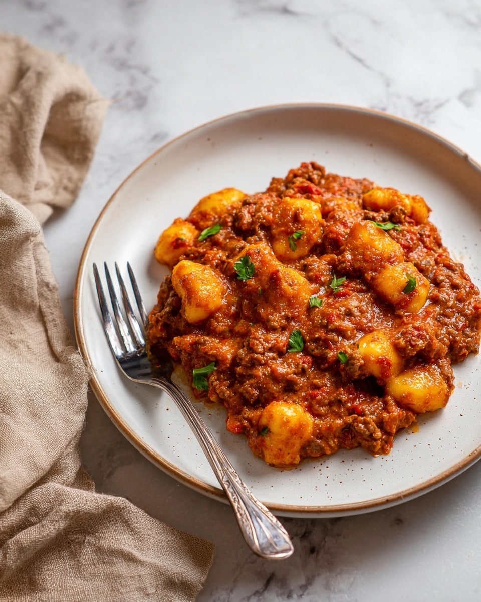 A white plate holds a chunky serving of gnocchi covered in a thick, reddish-brown sauce with visible ground meat and small bits of tomato. The gnocchi pieces are plump and golden-yellow, mixed evenly with the sauce, which has a slightly creamy texture. Fresh green herbs are sprinkled on top for color. A shiny silver fork rests on the left side of the plate, and the plate is set on a white marbled surface. Near the plate, there is a beige cloth napkin. Photo taken with an iphone --ar 4:5 --v 7