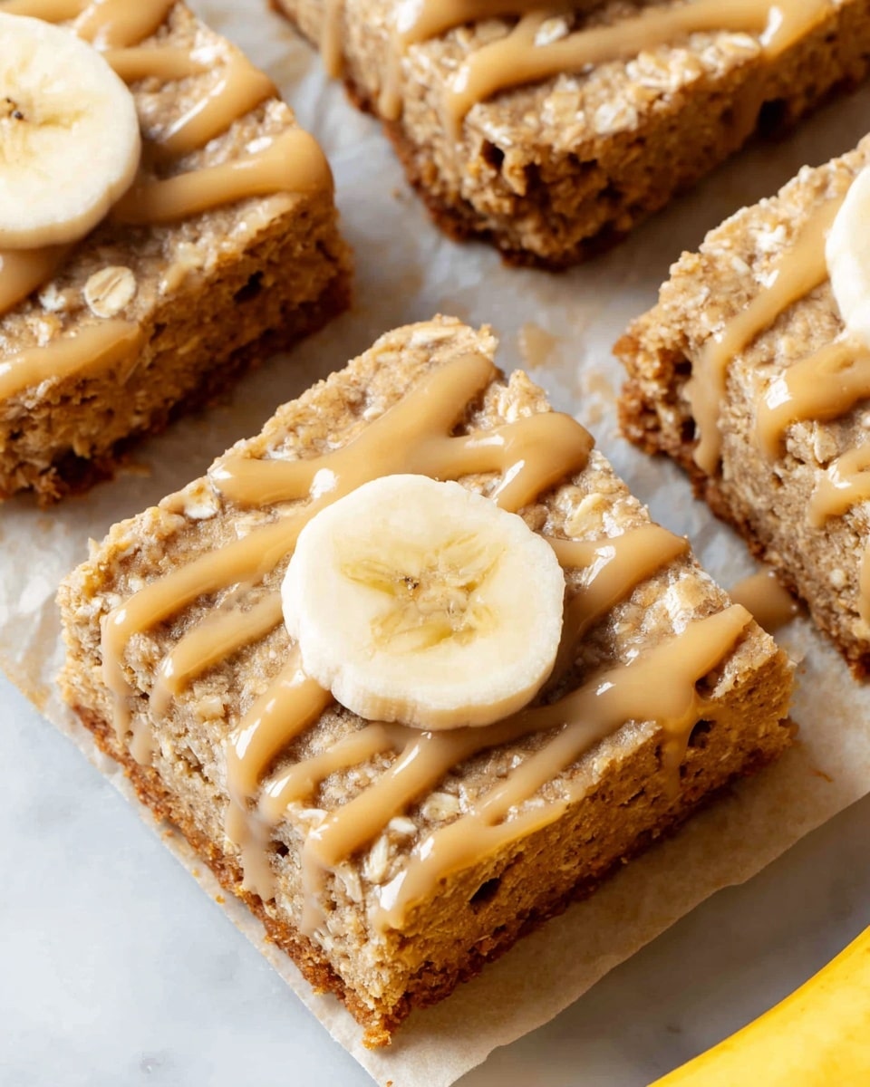 The image shows a close-up of four square oat bars placed next to each other on parchment paper. Each bar has a light brown color with visible oat texture and small holes. There is a layer of light tan drizzle spread unevenly across the tops of the bars, giving a smooth and shiny look. On top of each bar is a single round banana slice with a pale yellow color and a soft, slightly spotted texture. The background is a white marbled surface with a partially visible yellow banana on the side. photo taken with an iphone --ar 4:5 --v 7