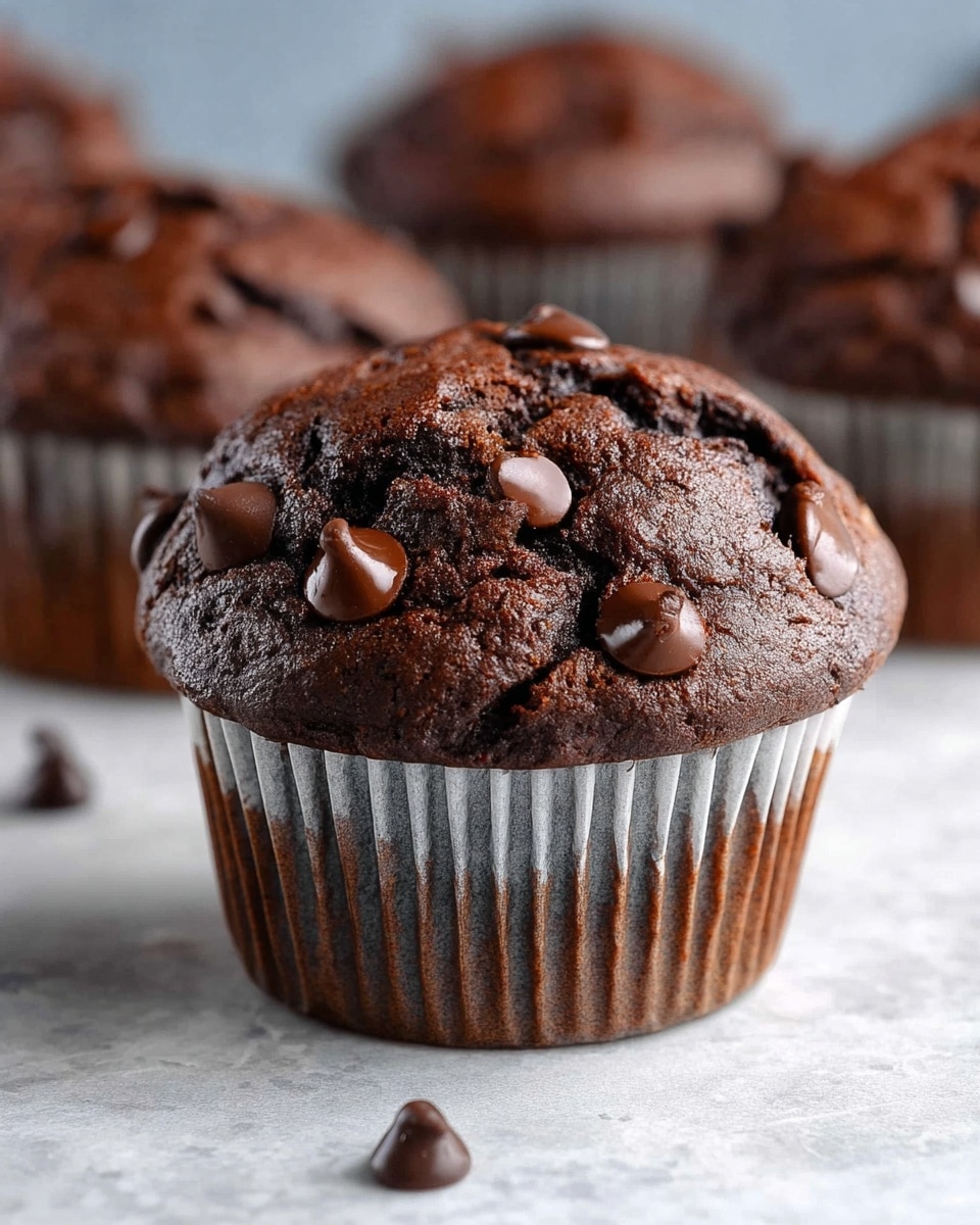 The image shows a close-up of a rich chocolate muffin with a dark brown top that is cracked and dotted with shiny chocolate chips, some melting slightly into the muffin surface. The muffin's base is held in a textured light gray paper liner with vertical ridges, showing the dark chocolate cake inside. In the background, there are more muffins with similar texture and chocolate chips, slightly out of focus. The muffins sit on a white marbled textured surface, giving a clean and soft look. photo taken with an iphone --ar 4:5 --v 7