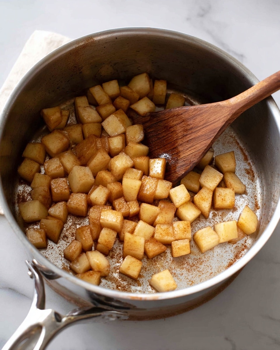 A silver pot sits on a white marbled surface with a wooden spoon resting inside. Inside the pot are small cubes of light brown cooked fruit, likely apples, showing a soft, slightly shiny texture from cooking. The fruit pieces are scattered unevenly, covering about half of the pot's bottom and partially cooked to a golden hue with a hint of cinnamon or spice dusted on them. The wooden spoon is angled toward the right, partially submerged among the cooked pieces, with its smooth brown surface contrasting with the pot and fruit photo taken with an iphone --ar 4:5 --v 7