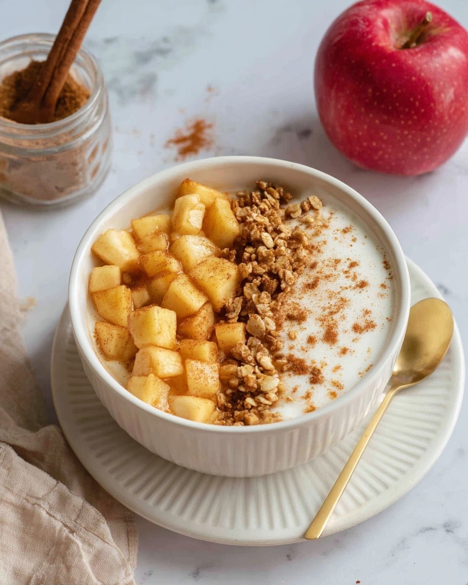 A round bowl filled with three main layers: the bottom layer is plain white yogurt, smooth and creamy; the second layer on top is small cubes of cooked apples in a warm golden color mixed with light brown cinnamon granola scattered evenly; the top layer features a light dusting of cinnamon powder lightly spiced on one side of the yogurt. The bowl is white and sits on a white plate with ridged edges placed on a white marbled surface. A gold spoon is inside the bowl on the right side. Nearby, there is a red apple and a jar of cinnamon with a beige cloth. Photo taken with an iphone --ar 4:5 --v 7