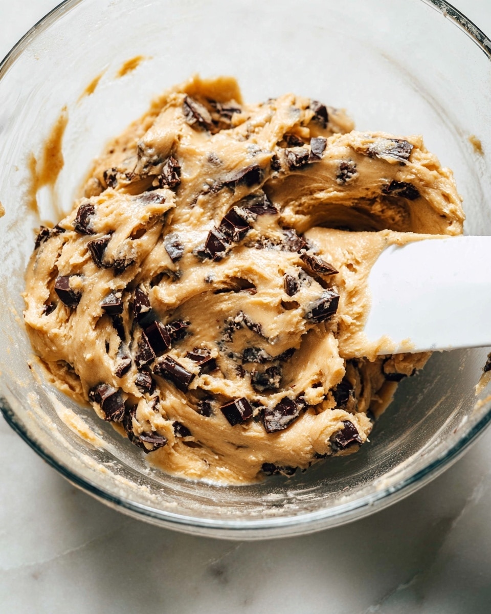 A close-up view of thick, creamy cookie dough mixed with dark chocolate chunks in a clear glass bowl. The dough is light golden brown with a slightly shiny texture, while the scattered chocolate pieces are dark, irregular shapes embedded throughout. A white spatula is partially shown on the right side, mixing the dough. The bowl sits on a white marbled surface, and light softly shines on the dough highlighting its smooth but dense texture. photo taken with an iphone --ar 4:5 --v 7