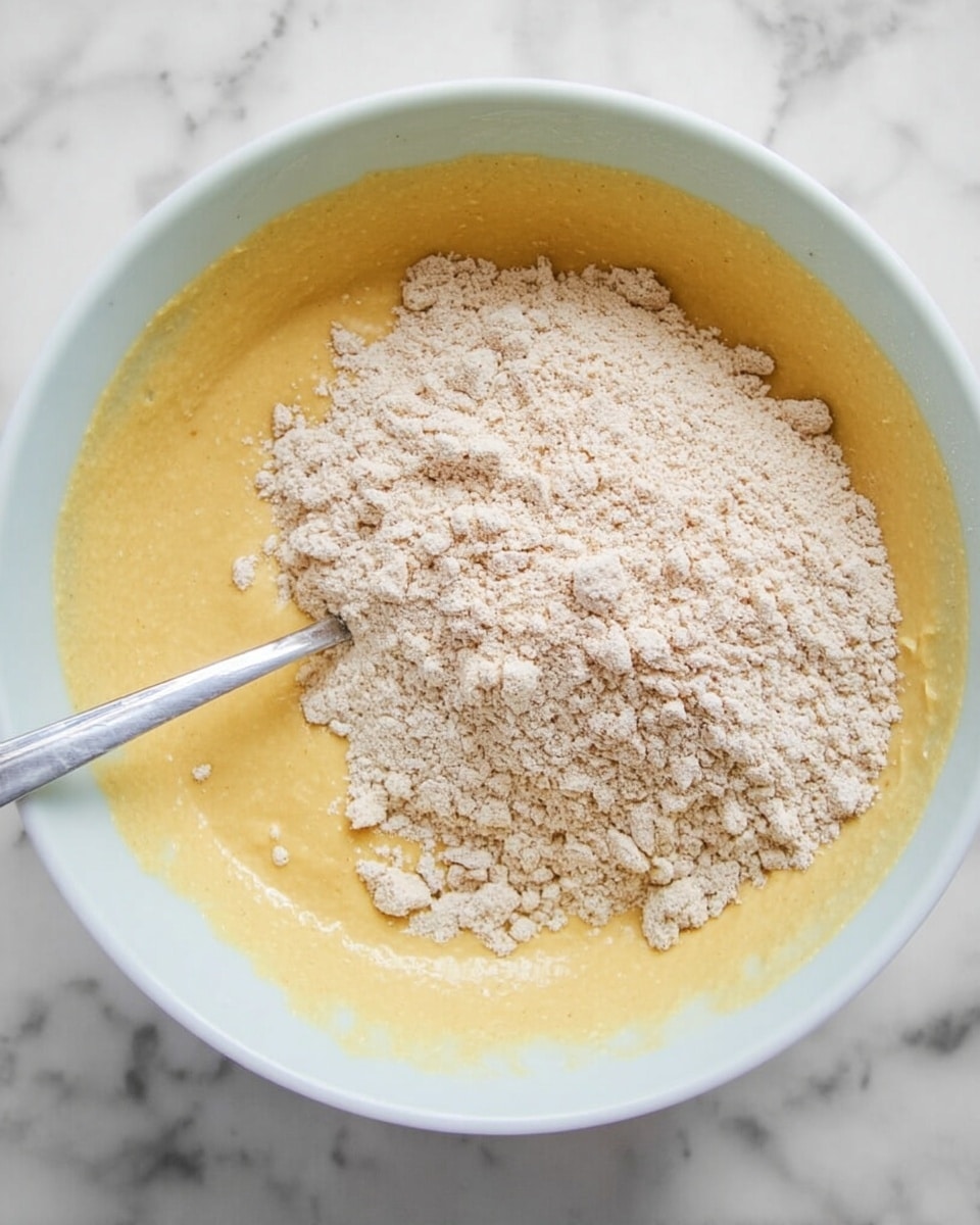 A close-up top view of a white bowl filled with two layers; the bottom layer is a smooth, thick yellow batter, and the top layer is a heap of light brown dry flour mixture with small clumps. A silver spoon rests inside the bowl on the left side, inserted into the layers. The bowl sits on a white marbled surface. photo taken with an iphone --ar 4:5 --v 7