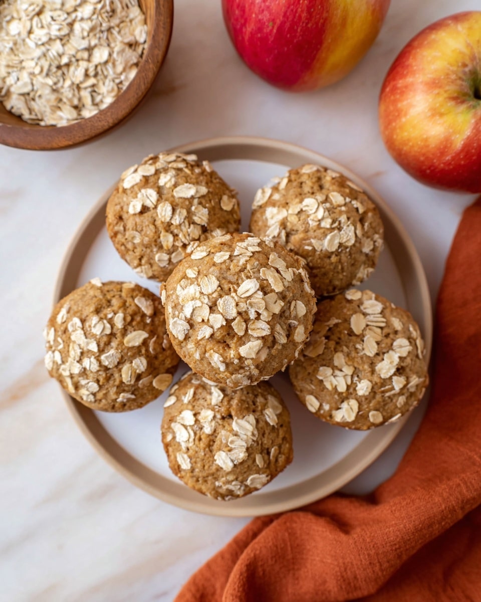 The image shows a white round plate filled with seven round muffins, each topped with light beige oat flakes, giving a rough texture on top. The muffins are light brown with a soft crumb texture visible. The plate is placed on a white marbled surface with a red and yellow apple positioned at the upper left corner and a wooden bowl holding one muffin covered with oats placed above the plate. There is also a folded burnt orange cloth seen at the bottom right corner. The photo taken with an iphone --ar 4:5 --v 7
