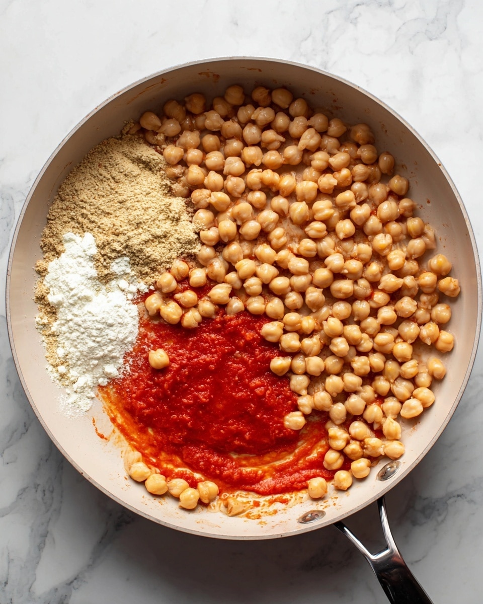 A large white pan filled with three main layers: the bottom layer is a spread of bright red sauce in the center, surrounded by a thick layer of light brown chickpeas covering most of the pan. On top of the chickpeas, there is a light tan powder sprinkled on the left side, with a small pile of white flour near it. The pan sits on a white marbled surface, and the dark handle of the pan is visible at the bottom right corner. photo taken with an iphone --ar 4:5 --v 7