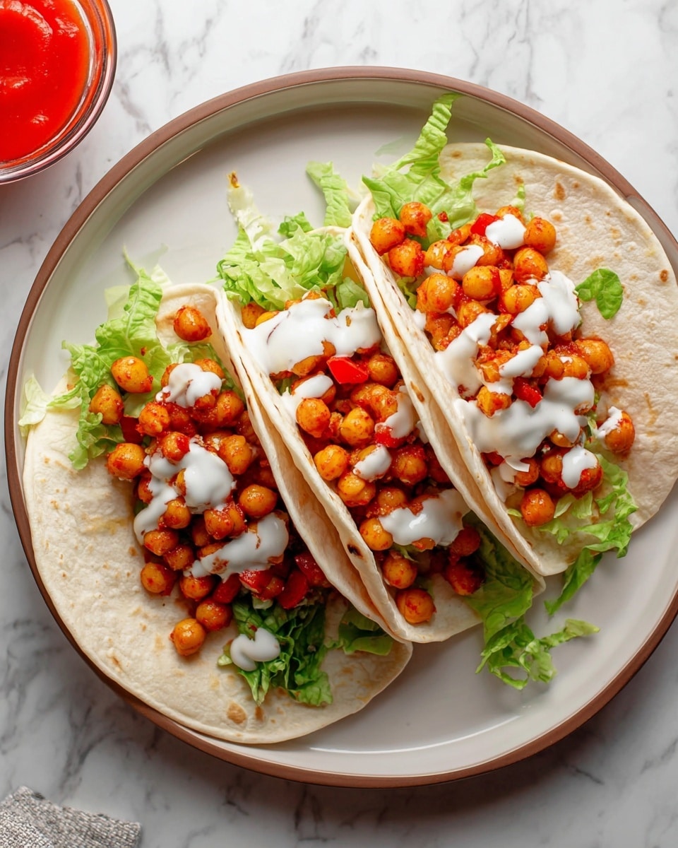 Three soft white flour tortillas are arranged on a white plate with a light brown rim, placed on a white marbled surface. Each tortilla holds a layer of cooked orange chickpeas mixed with small pieces of red bell pepper. On top of the chickpeas, there is a sprinkle of chopped green lettuce. Small dollops of white sauce are drizzled over the lettuce and chickpeas, adding a creamy texture. A small bowl with bright red sauce sits in the top left corner next to the plate. Photo taken with an iphone --ar 4:5 --v 7
