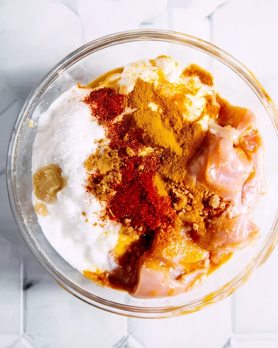 A clear glass bowl placed on a white marbled surface holds several layers of ingredients. The bottom layer shows pieces of light pink raw chicken contrasting with a thick white creamy layer on one side. On top, there is a rich mix of vibrant spices: bright orange turmeric, deep red chili powder, small heaps of white salt, and hints of yellow ginger. The colors spread unevenly but cover most of the chicken and cream beneath. The clear bowl allows full view of these colorful layers inside. photo taken with an iphone --ar 4:5 --v 7