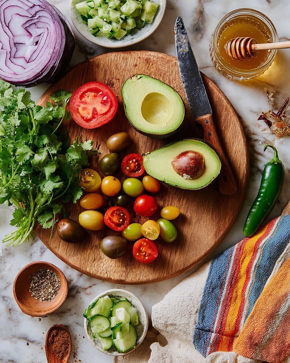 A white round wooden cutting board with three avocado halves, one whole avocado, and several colorful cherry tomatoes in red, yellow, green, and brownish-purple shades scattered on it. A wooden-handled knife is placed diagonally with a halved red tomato resting on its blade. Next to the board is a bunch of fresh green cilantro, half a purple onion, a whole green chili, and a small bowl of diced cucumber. A small wooden spoon with ground spices and a glass jar with more spices lie nearby. In the top right corner, a small glass bowl of honey with a wooden honey dipper rests on a striped orange, yellow, and blue cloth. The background has a white marbled texture photo taken with an iphone --ar 4:5 --v 7