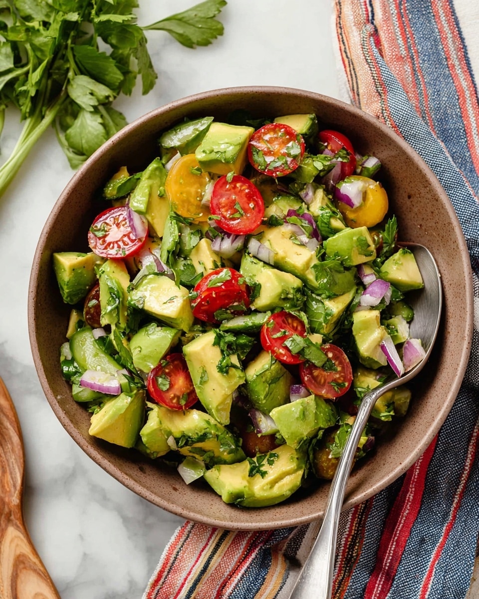 A bowl with a fresh salad showing three main layers: at the base, bright green chunks of avocado with a soft texture; mixed with halved small red and yellow cherry tomatoes adding round shapes and vibrant colors; topped with small pieces of chopped red onion and green herbs scattered around. The salad is in a brown bowl on a white marbled surface, with a silver spoon resting inside. Nearby, there are fresh green leaves and a striped cloth with red, blue, and yellow lines. Photo taken with an iphone --ar 4:5 --v 7