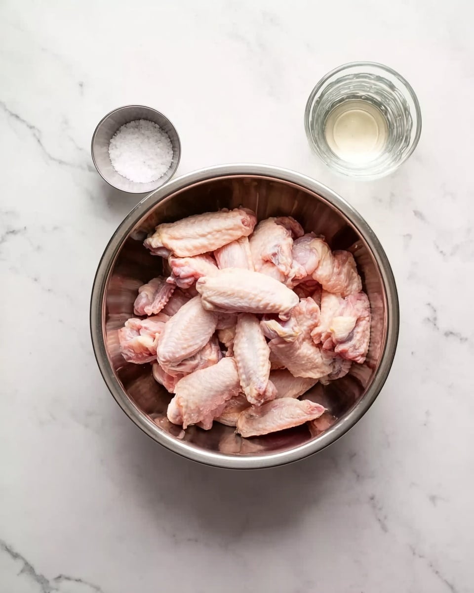 A silver metal bowl sits on a white marbled surface, filled with raw pink chicken wings piled in the center. Around the bowl, there is a small silver cup with white granulated salt on the left and a clear glass cup filled with a small amount of clear liquid on the right. The scene is bright and simple with no other objects in view, photo taken with an iphone --ar 4:5 --v 7