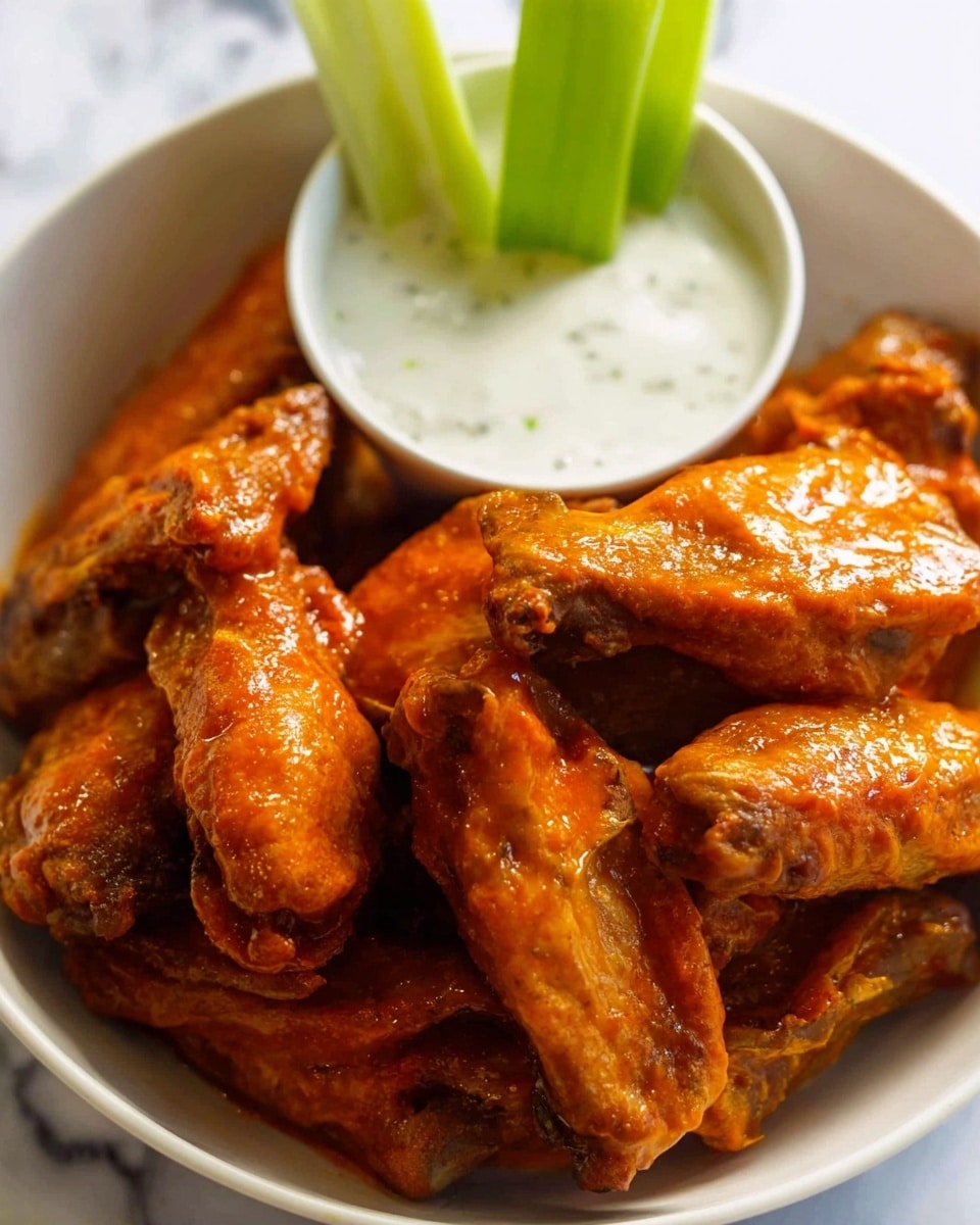 A white bowl filled with many orange, shiny chicken wings covered in sauce. On top of the wings, there is a small white bowl with thick white sauce. Two green celery sticks stand out, placed vertically into the white sauce. The background shows a white marbled surface photo taken with an iphone --ar 4:5 --v 7