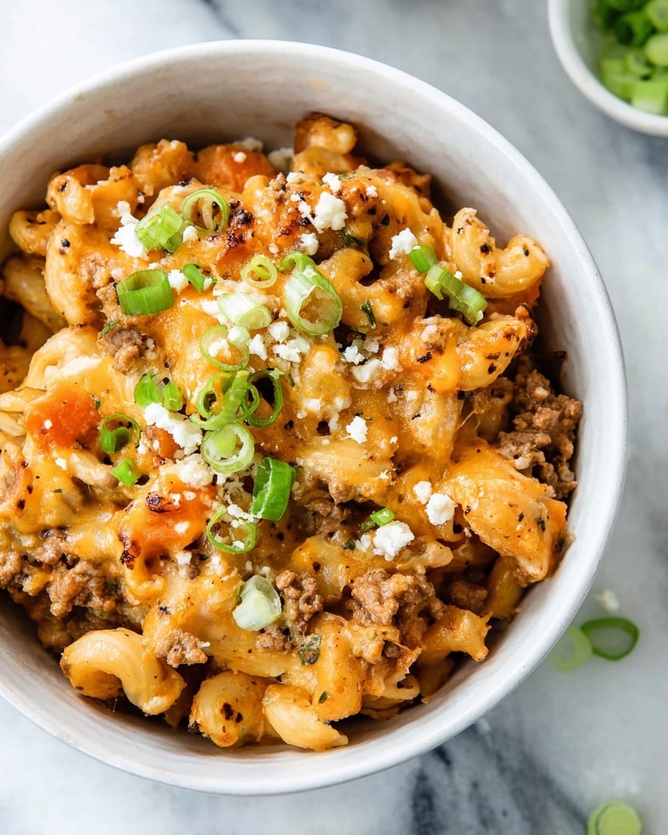 A white bowl filled with a baked pasta dish showing three main layers: the base layer is macaroni pasta mixed with diced orange carrots and light to dark brown ground meat, the middle layer is melted orange-yellow cheese that spreads unevenly over the pasta, and the top layer is sprinkled with green onion rings and small white cheese crumbs. The bowl sits on a white marbled surface with some scattered green onion pieces nearby. The textures range from soft melted cheese to the firmer pasta and meat pieces photo taken with an iphone --ar 4:5 --v 7