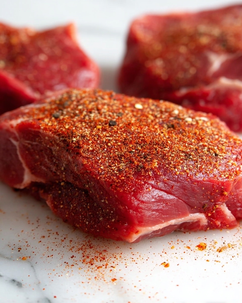 A close-up view of a raw red meat piece lying flat on a white marbled surface, seasoned evenly on top with a layer of reddish-brown spices that give a rough texture, with two more pieces of raw meat partially visible in the background. The meat appears fresh with bright red tones and white fat streaks. photo taken with an iphone --ar 4:5 --v 7
