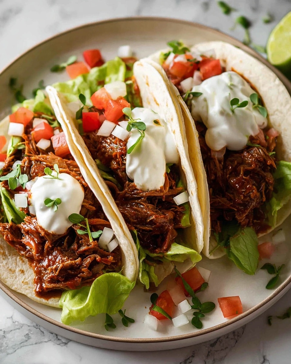 Three soft white tortillas are arranged side by side on a white plate. Each tortilla holds a layered filling starting with a base of green lettuce leaves, followed by shredded dark brown meat covered in a reddish sauce. On top of the meat, small diced pieces of white onion and red tomato are scattered, and a generous dollop of white sour cream is placed over the vegetables. The tacos are garnished with small green herb leaves. The plate sits on a white marbled surface. Photo taken with an iphone --ar 4:5 --v 7