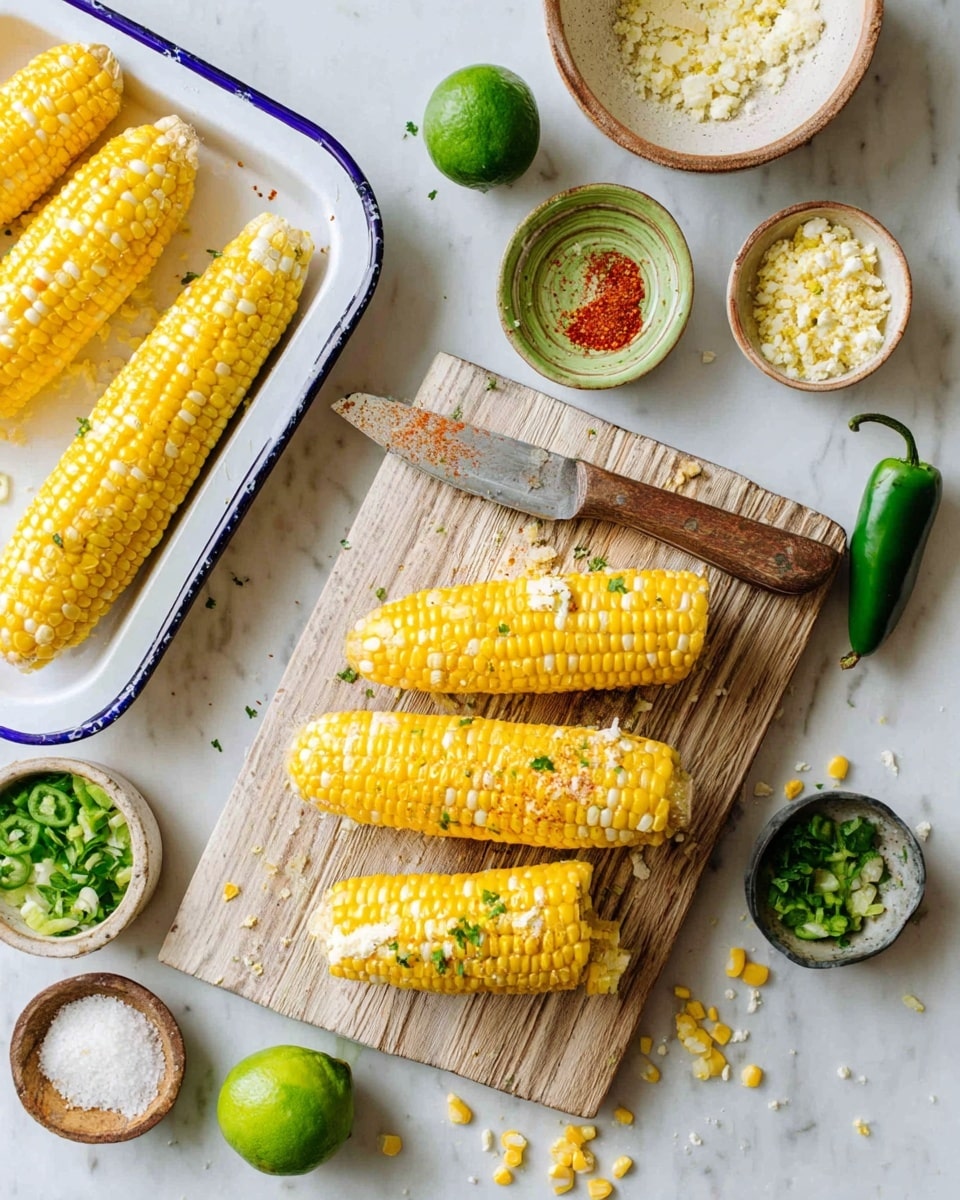 The image shows four bright yellow and white corn on the cobs, three lying in a white tray with a blue rim on the left side, and one partially cut with kernels scattered around on a wooden board on the right side. A large knife with a wooden handle rests on the cutting board. Around the board and tray, there are small bowls and containers holding green chopped scallions, white crumbled cheese, green lime zest, and red spice powder, along with a whole green lime and a whole green jalapeno, all placed on a white marbled surface. Photo taken with an iphone --ar 4:5 --v 7