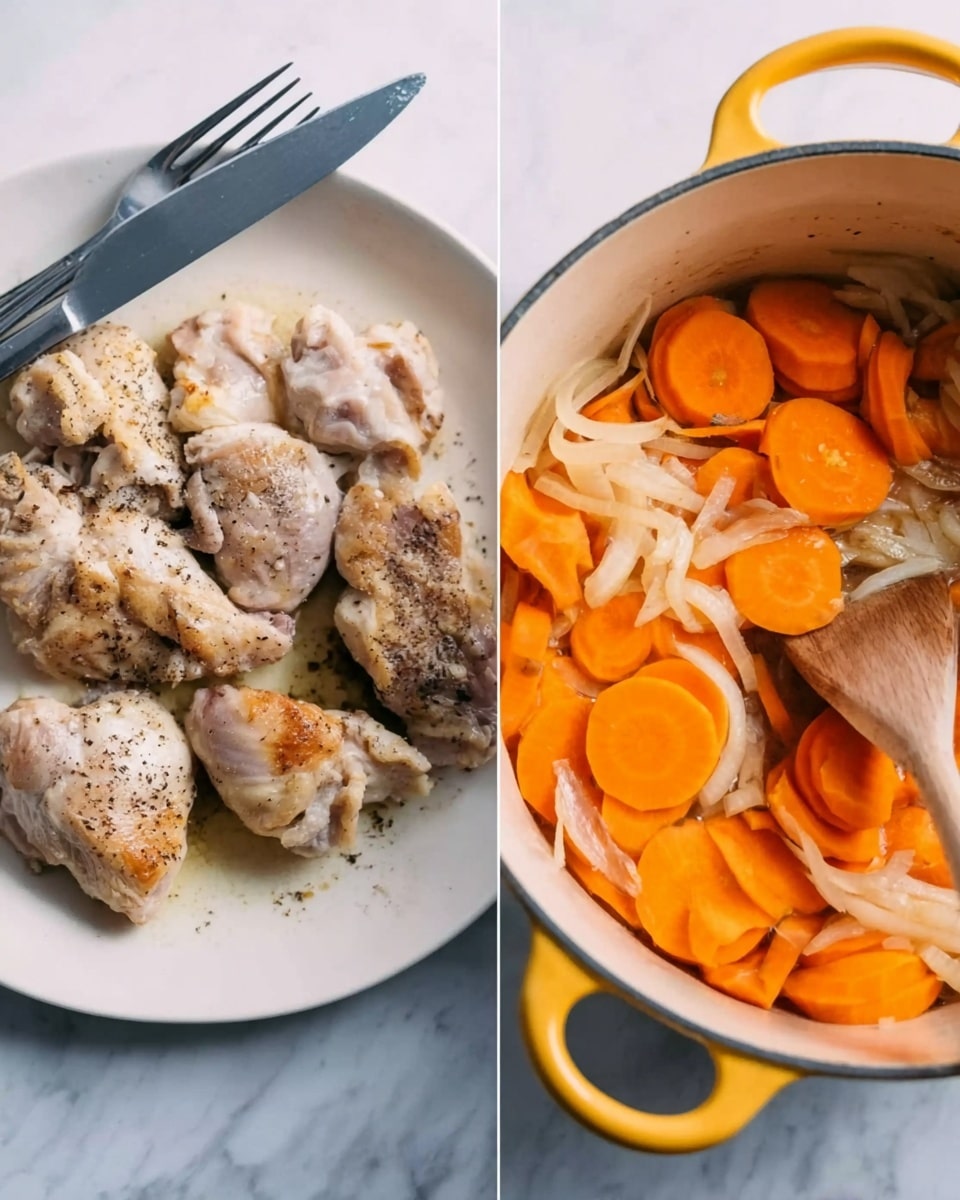 The image shows two parts: on the left side, there is a white plate filled with several pieces of cooked light brown chicken, slightly browned with some black pepper spots, and a fork and knife placed at the top left of the plate. On the right side, a yellow pot with a white inside is placed on a white marbled surface; inside the pot are sliced orange carrots and white onion strips being stirred with a wooden spoon. The inside of the pot shows some shiny oil near the carrot and onion pieces. photo taken with an iphone --ar 4:5 --v 7
